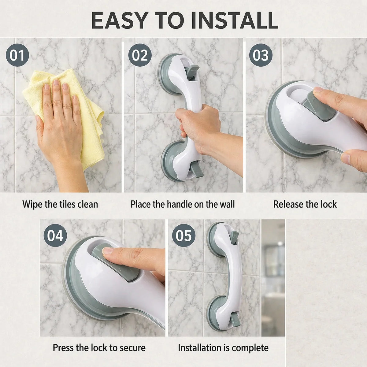 Bathroom Grab Bar Drill-Free Suction Mount Ergonomic Handle