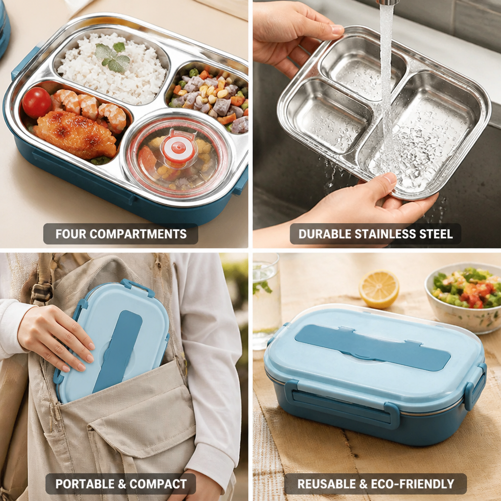 Bento Lunch Box Stainless Steel 4-Compartment Portable & Reusable