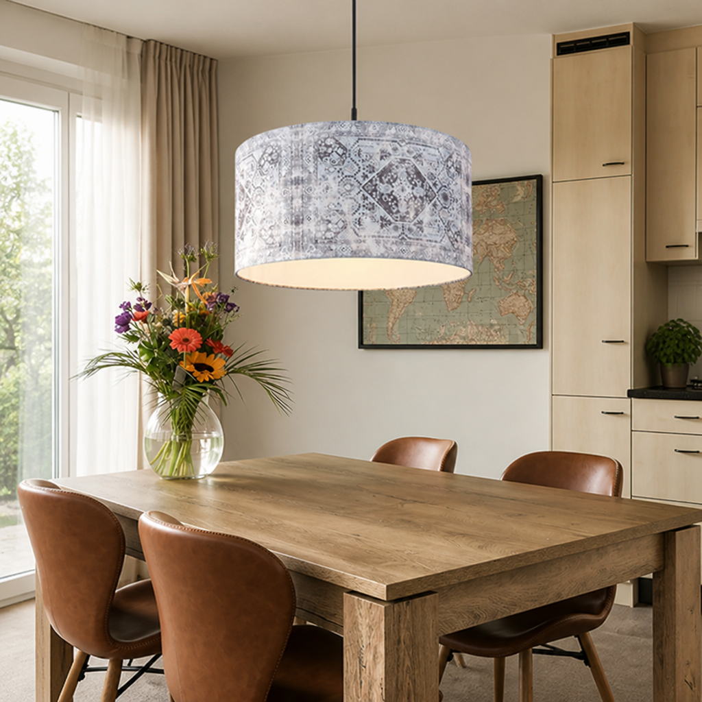 Blue-Grey Fabric Height-Adjustable Pendant Light