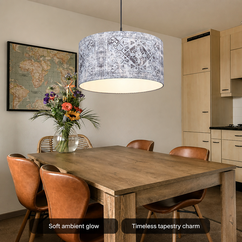 Blue-Grey Fabric Height-Adjustable Pendant Light