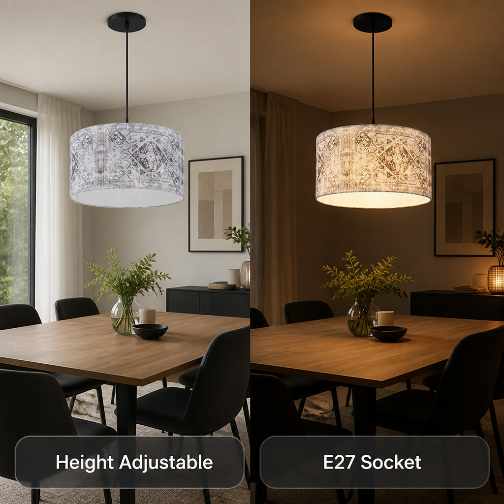 Blue-Grey Fabric Height-Adjustable Pendant Light