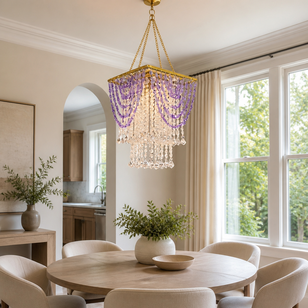 Boho Amethyst Beaded Tassel Pendant Light