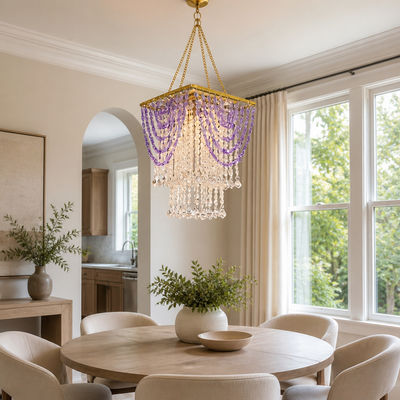 Boho Amethyst Beaded Tassel Pendant Light
