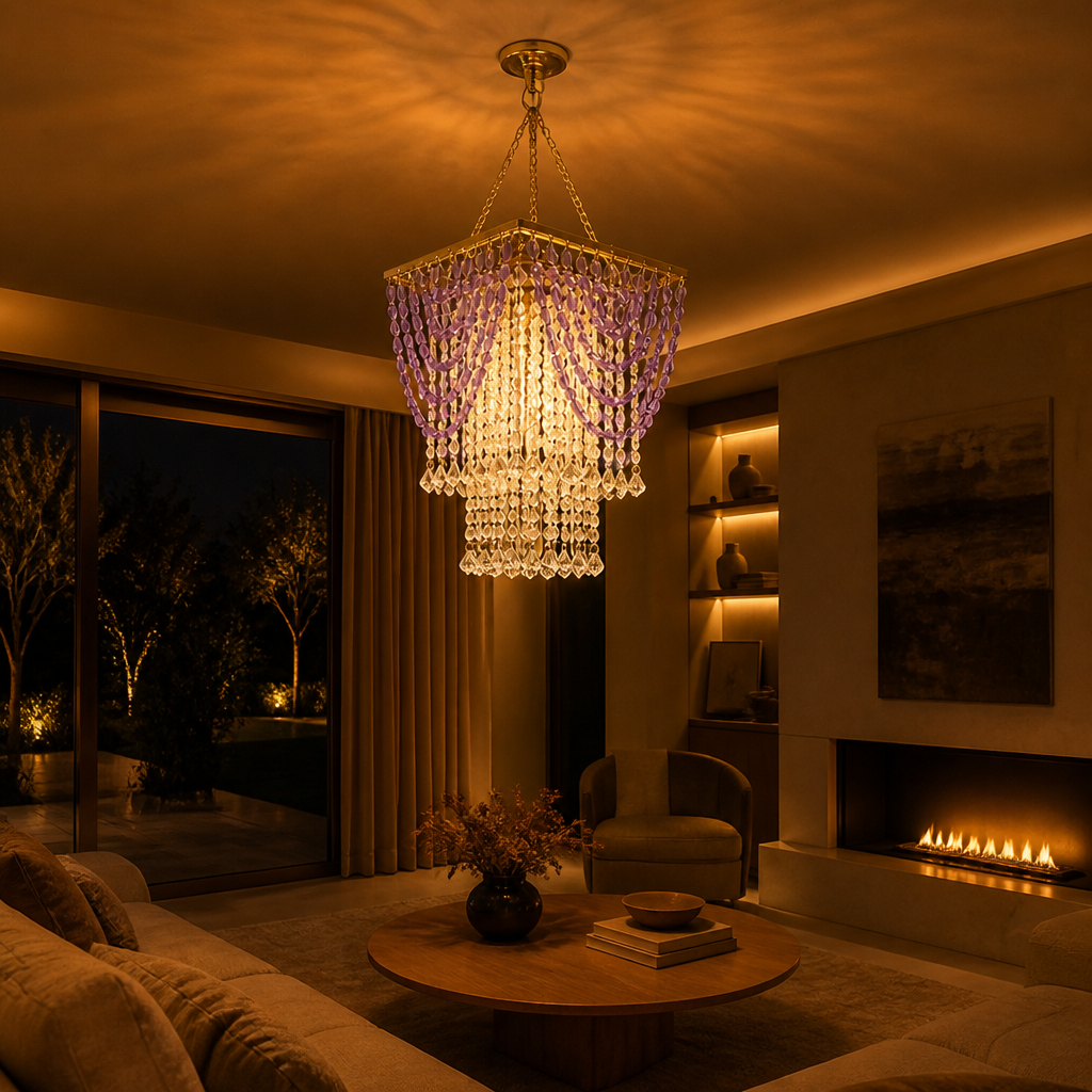 Boho Amethyst Beaded Tassel Pendant Light
