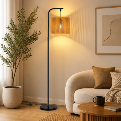 Boho Black Wicker Foot Switch Floor Lamp