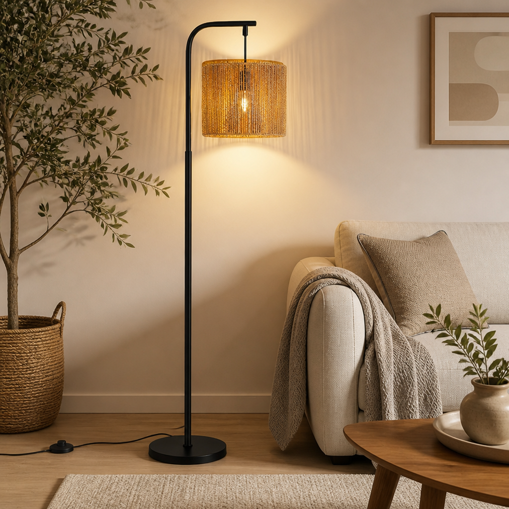 Boho Black Wicker Foot Switch Floor Lamp