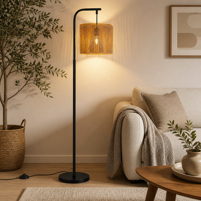 Boho Black Wicker Foot Switch Floor Lamp