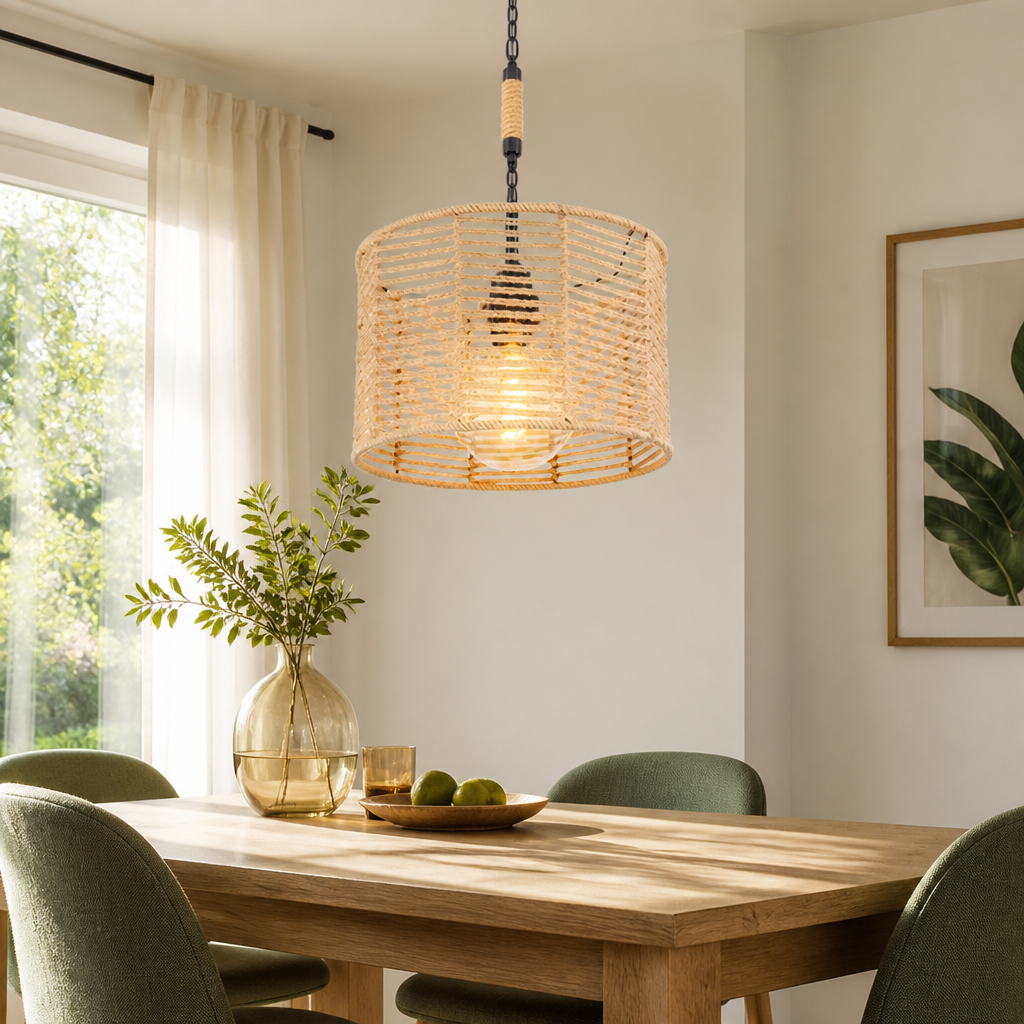 Boho Jute Rope Black Chain Pendant Light