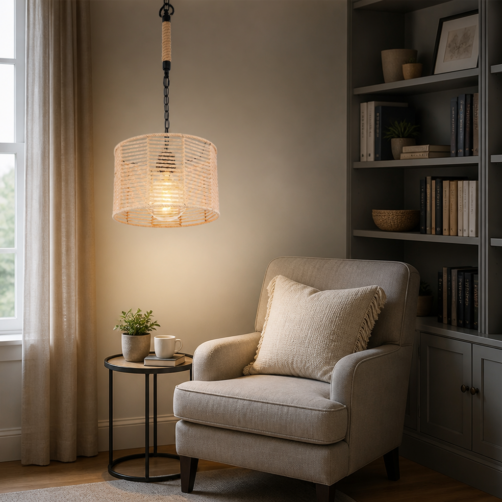 Boho Jute Rope Black Chain Pendant Light