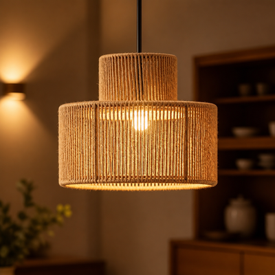 Boho Natural Rattan Double Cylinder Pendant Light