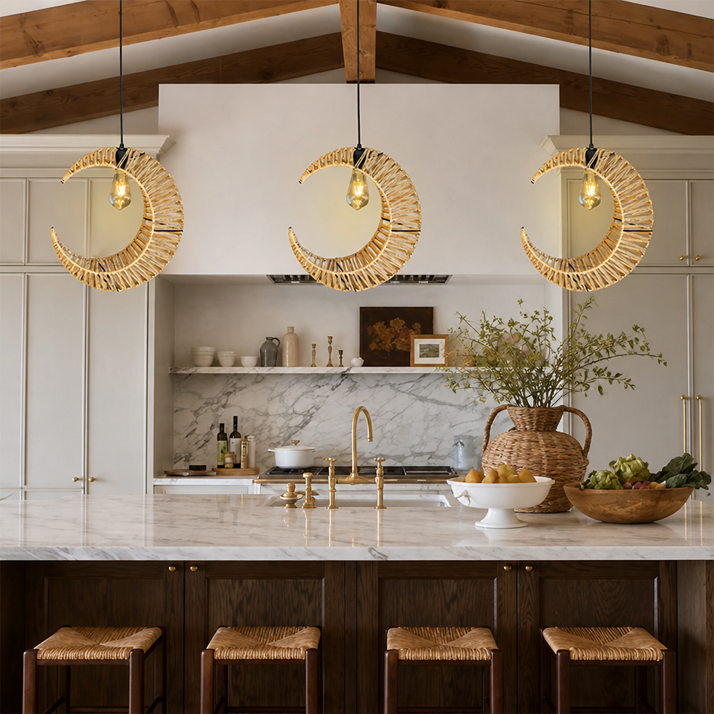 Boho Rattan Crescent Pendant Light