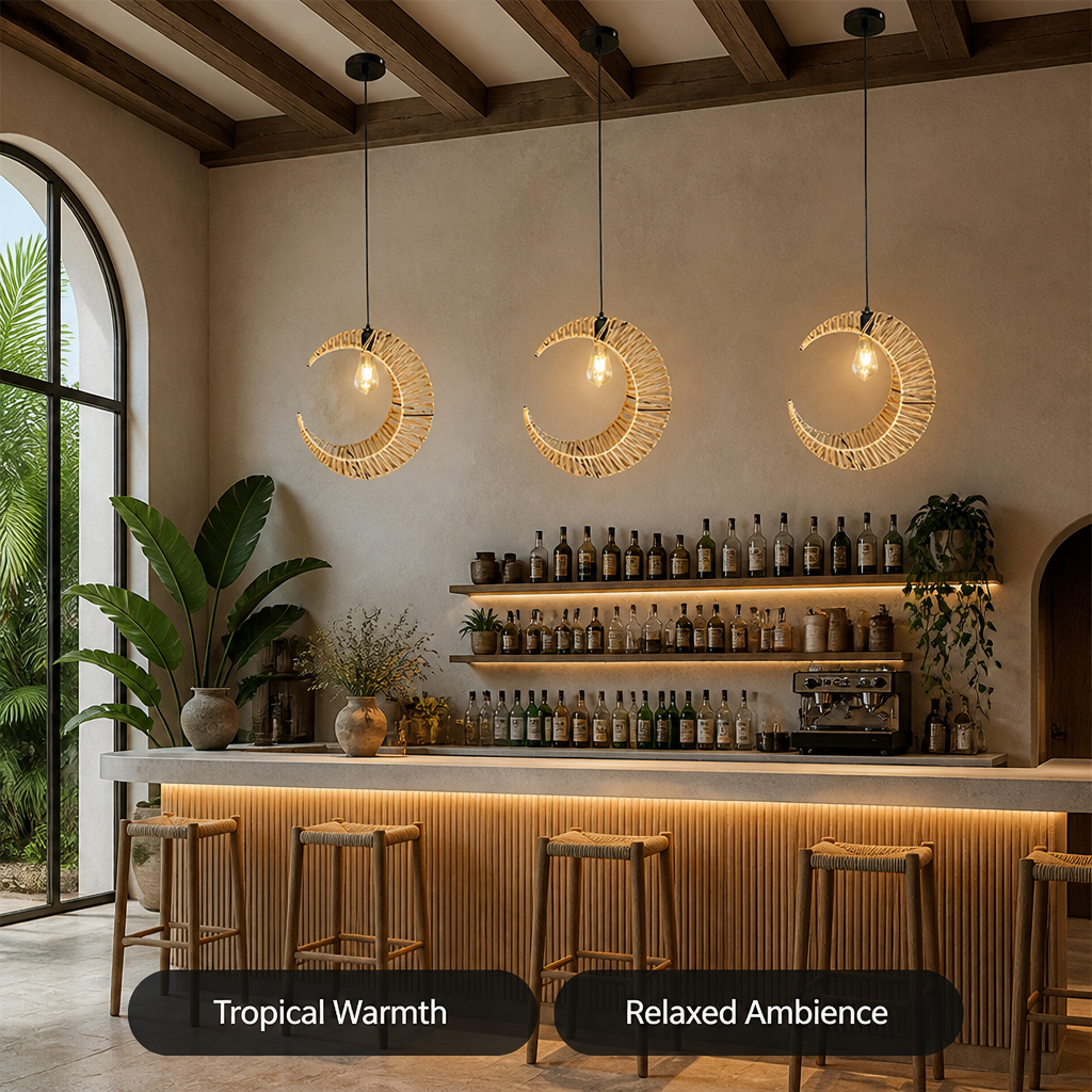 Boho Rattan Crescent Pendant Light