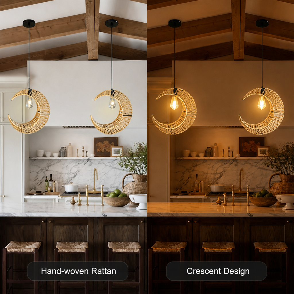 Boho Rattan Crescent Pendant Light