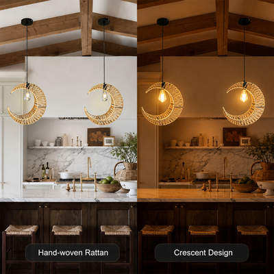Boho Rattan Crescent Pendant Light