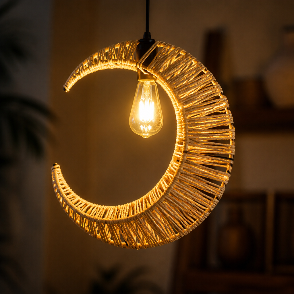 Boho Rattan Crescent Pendant Light