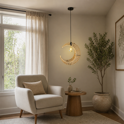 Boho Rattan Crescent Pendant Light