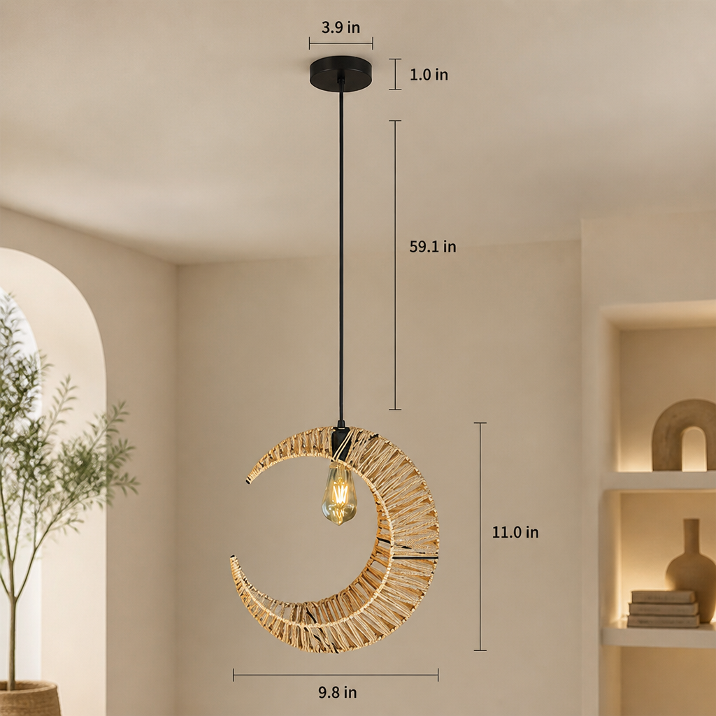 Boho Rattan Crescent Pendant Light