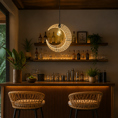 Boho Rattan Crescent Pendant Light