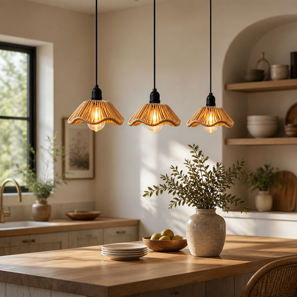 Boho Rattan LED Flower Shade Pendant Light