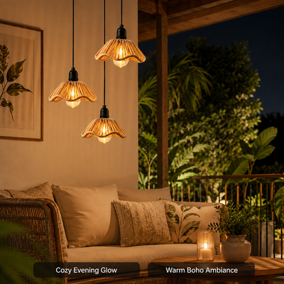 Boho Rattan LED Flower Shade Pendant Light