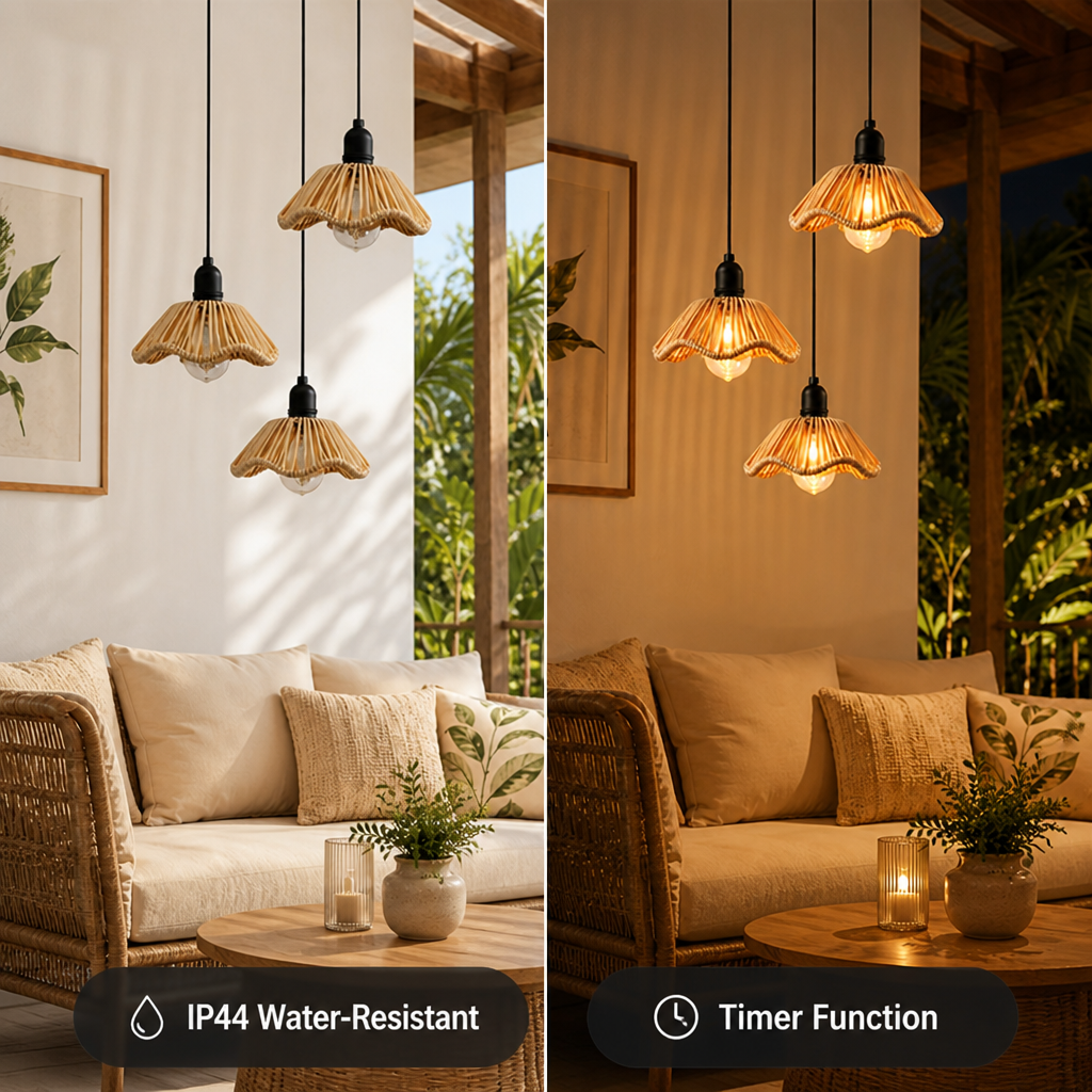Boho Rattan LED Flower Shade Pendant Light