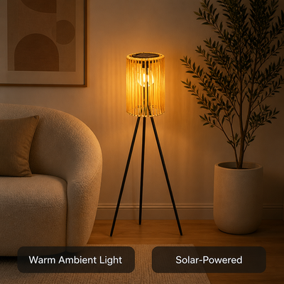 Boho Solar Wicker Tripod Floor Lamp