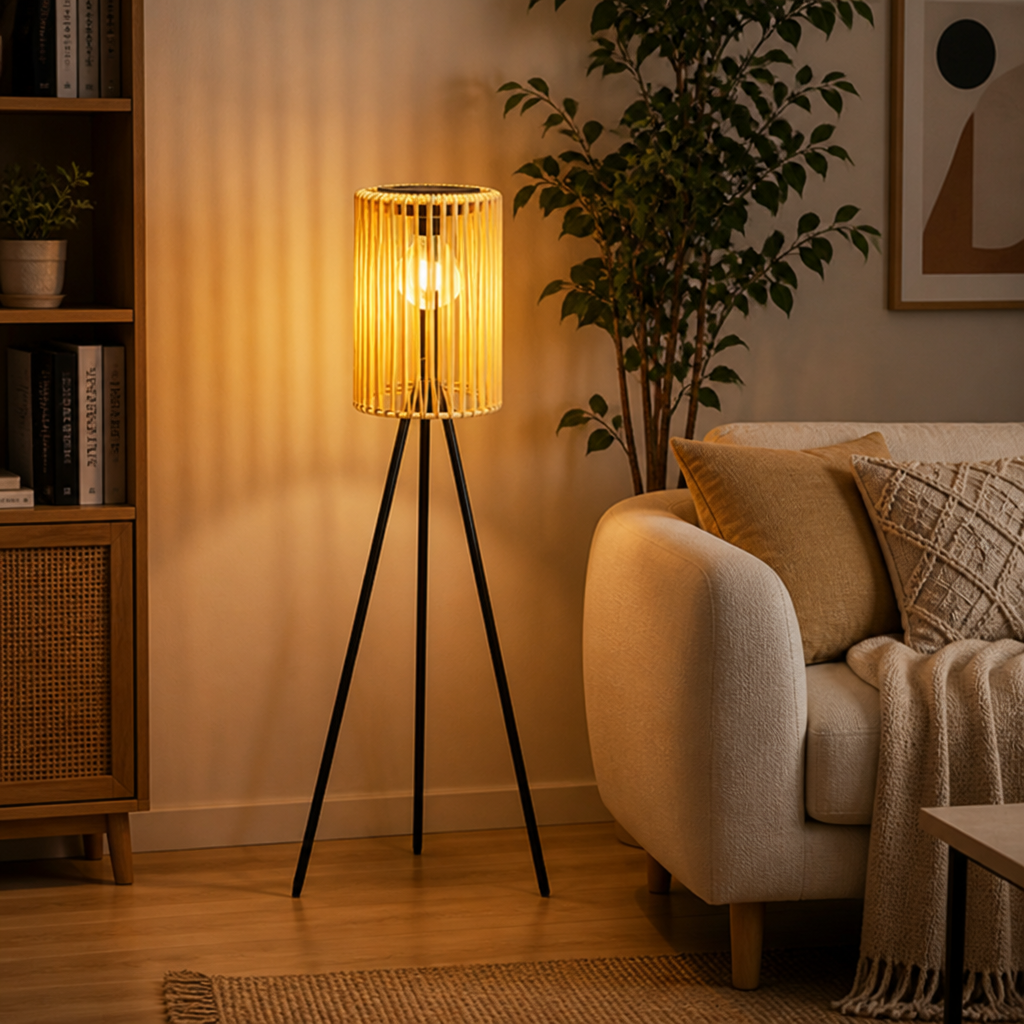 Boho Solar Wicker Tripod Floor Lamp