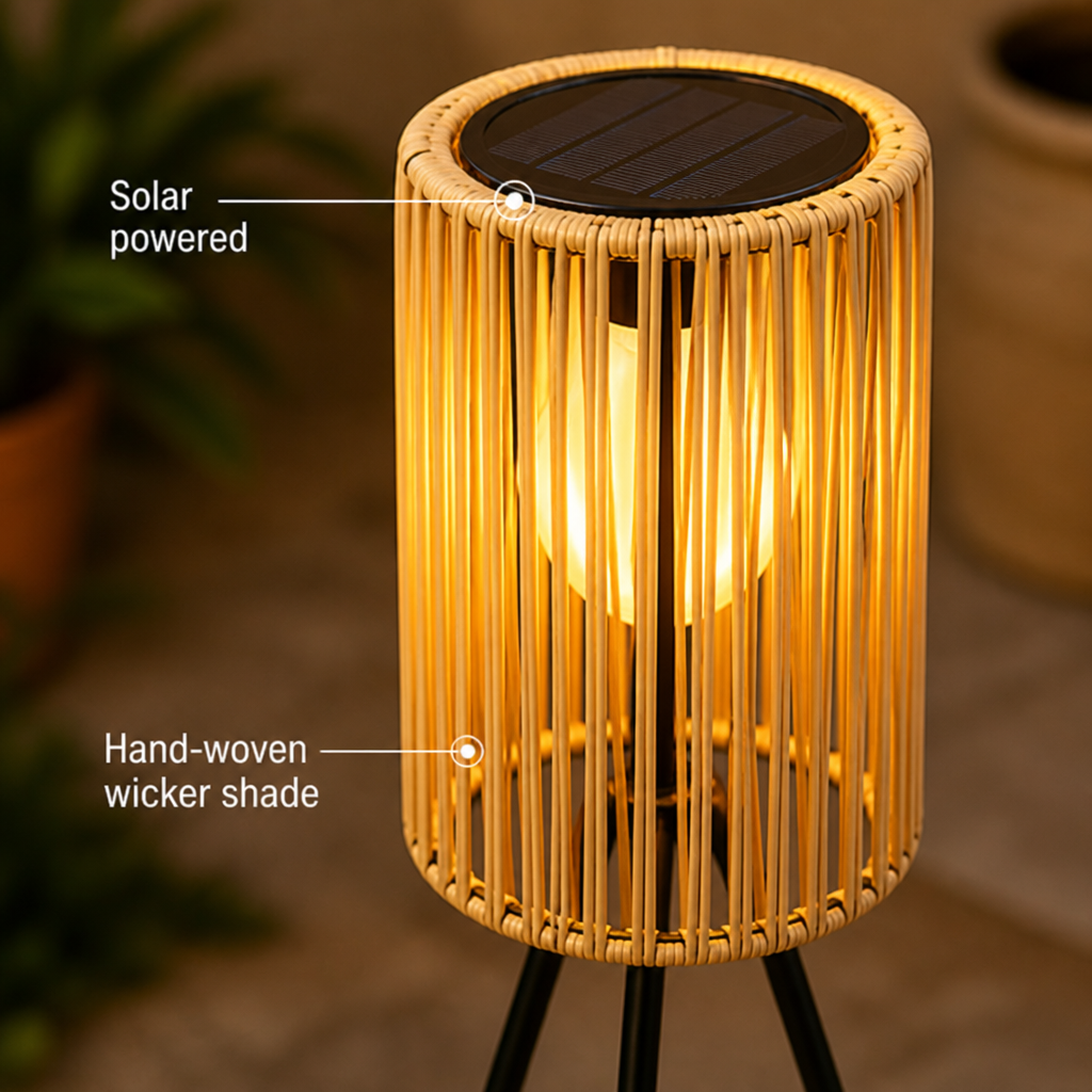 Boho Solar Wicker Tripod Floor Lamp