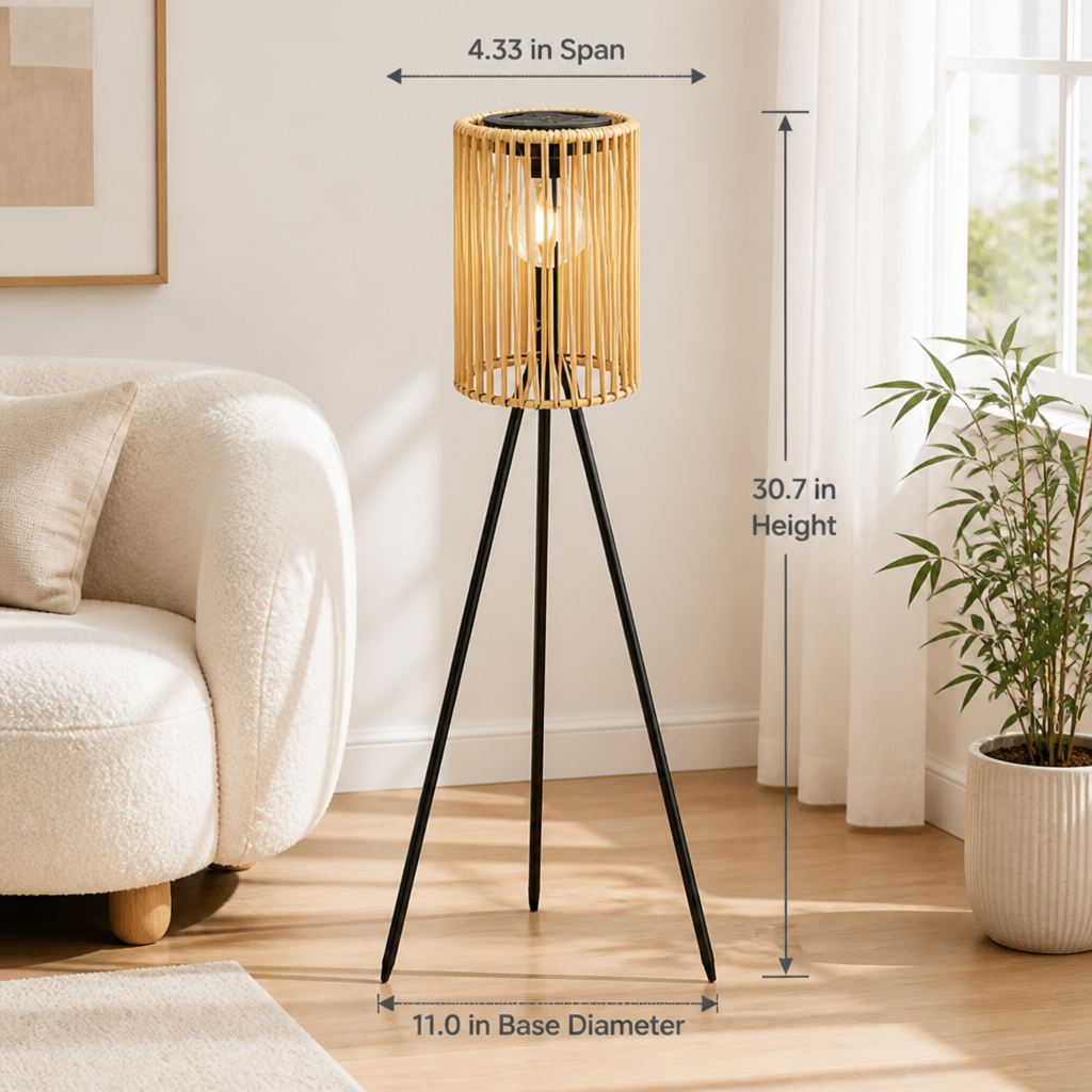 Boho Solar Wicker Tripod Floor Lamp