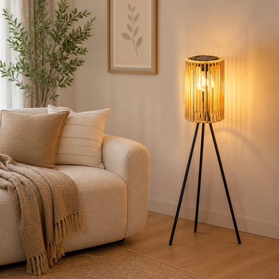 Boho Solar Wicker Tripod Floor Lamp