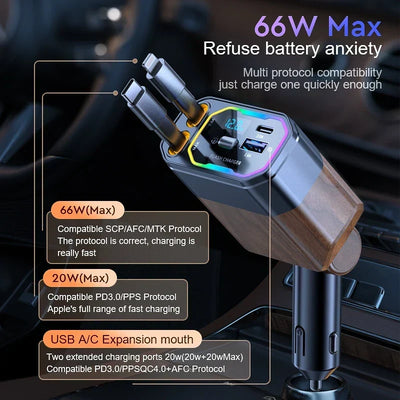 Car Charger Retractable USB-C & Multi-Connector 120W