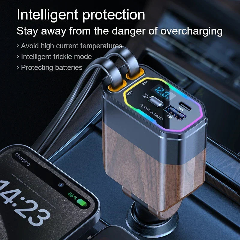 Car Charger Retractable USB-C & Multi-Connector 120W