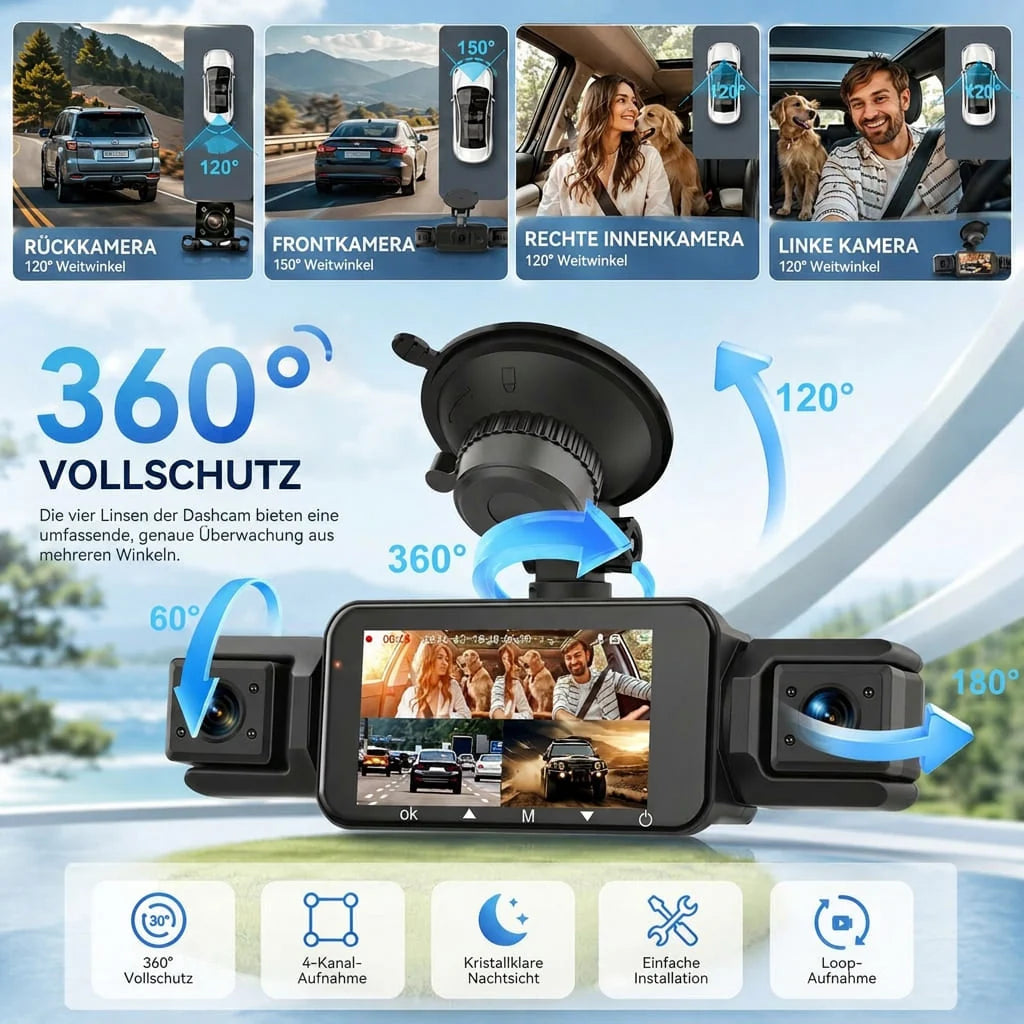 Car Dash Camera 4-Channel 360° View & Night Vision