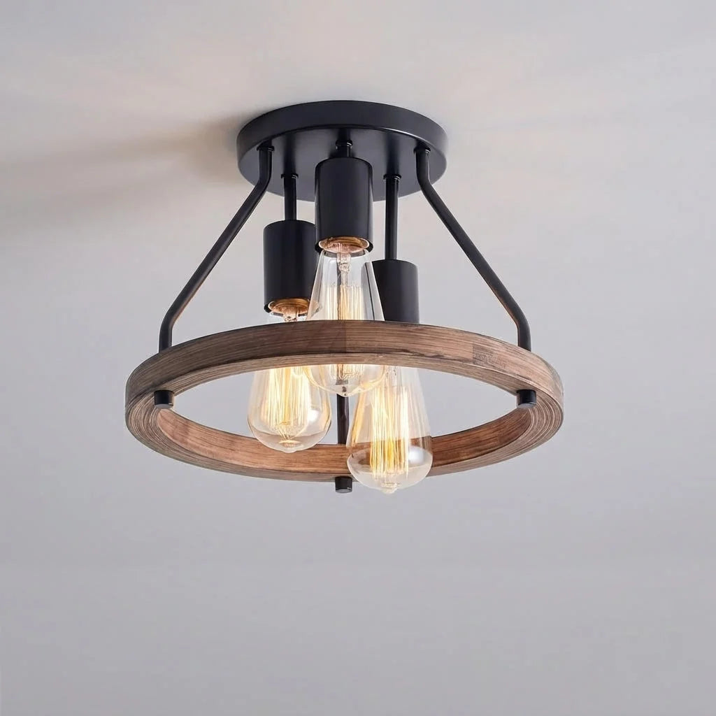 Ceiling Lamp Wooden Ring 3 Adjustable Light Heads