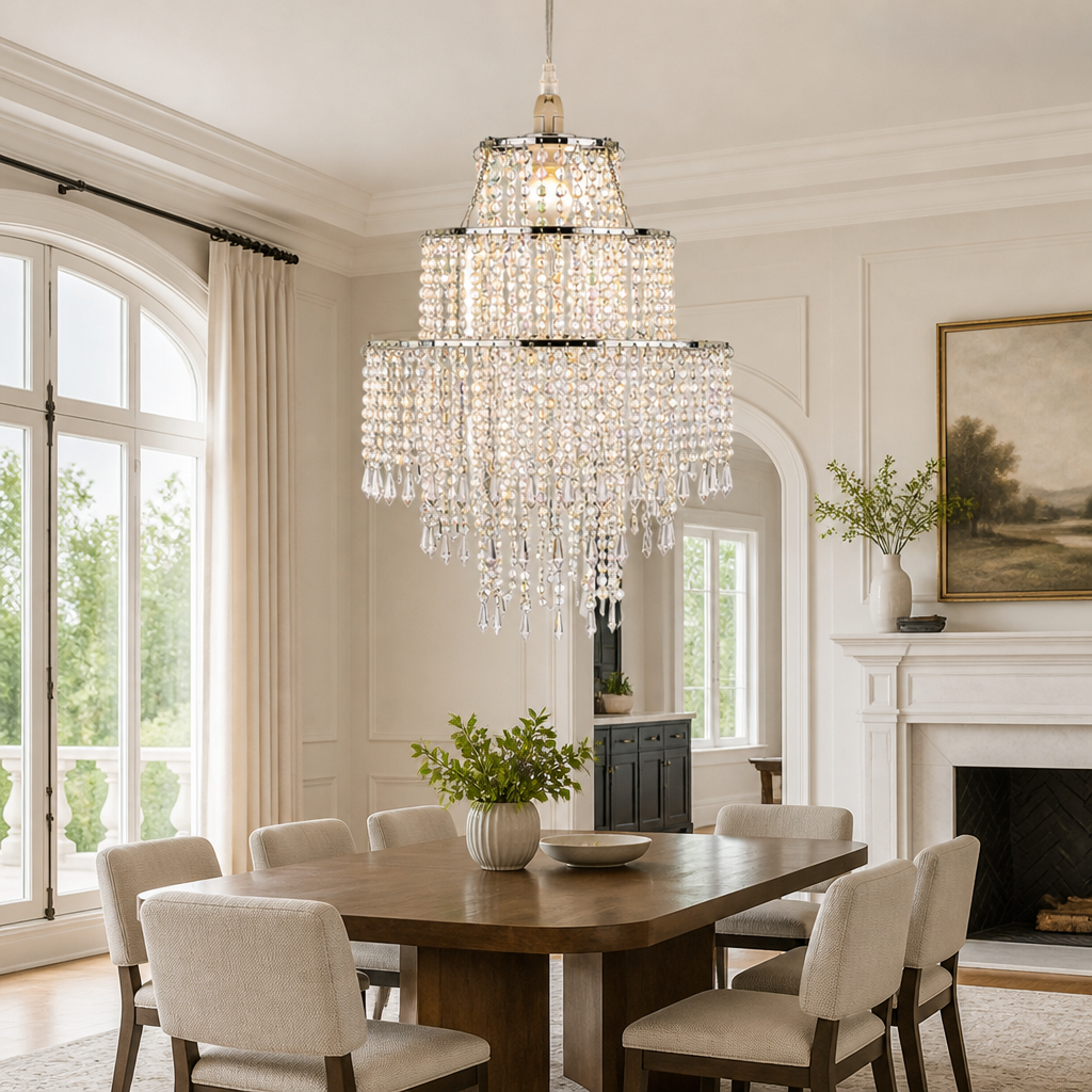 Chrome 3-Tier Beaded Pendant Light