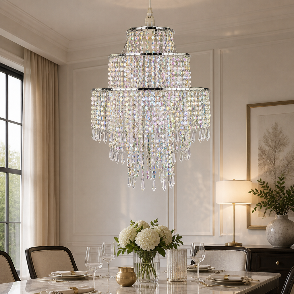 Chrome 3-Tier Beaded Pendant Light