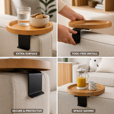 Clip-On Sofa Table Round Wood Top Tool-Free Clamp