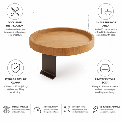 Clip-On Sofa Table Round Wood Top Tool-Free Clamp