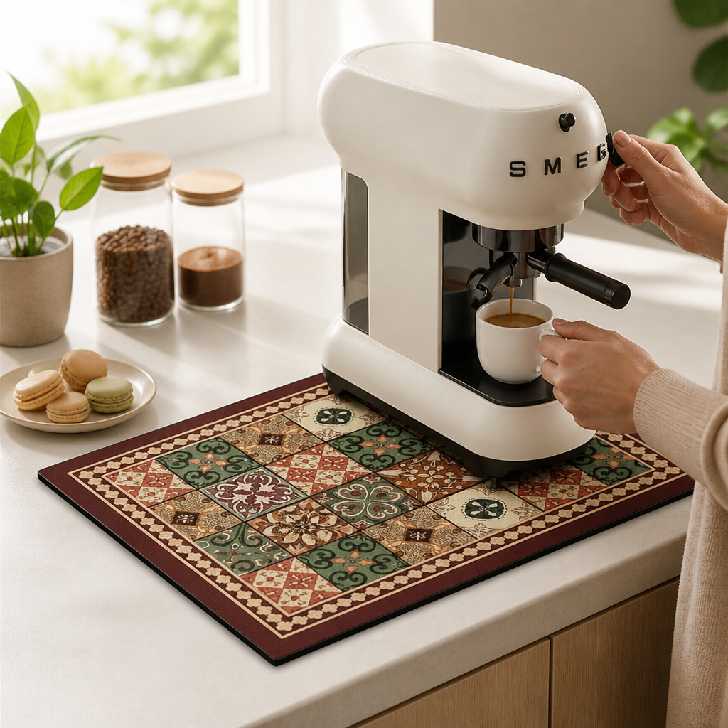 Coffee Mat Retro Tile Absorbent Non-Slip Rubber Backing