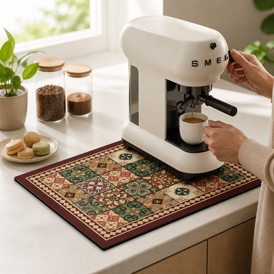 Coffee Mat Retro Tile Absorbent Non-Slip Rubber Backing