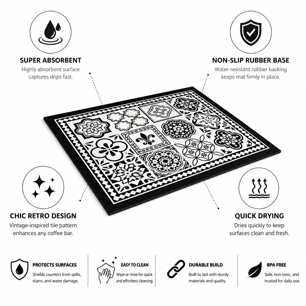 Coffee Mat Super Absorbent Non-Slip Retro Tile
