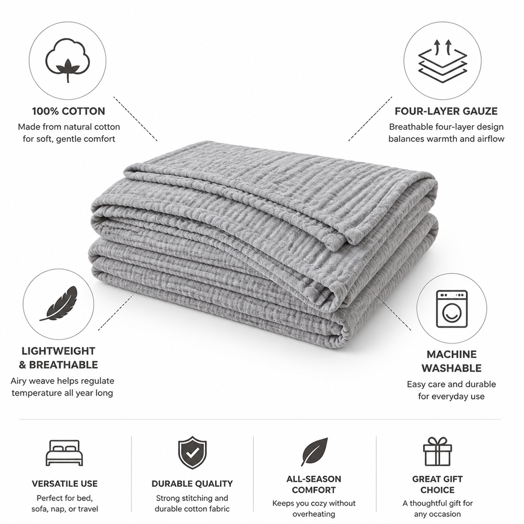 Cotton Blanket Four-Layer Gauze Ultra-Soft Lightweight & Breathable