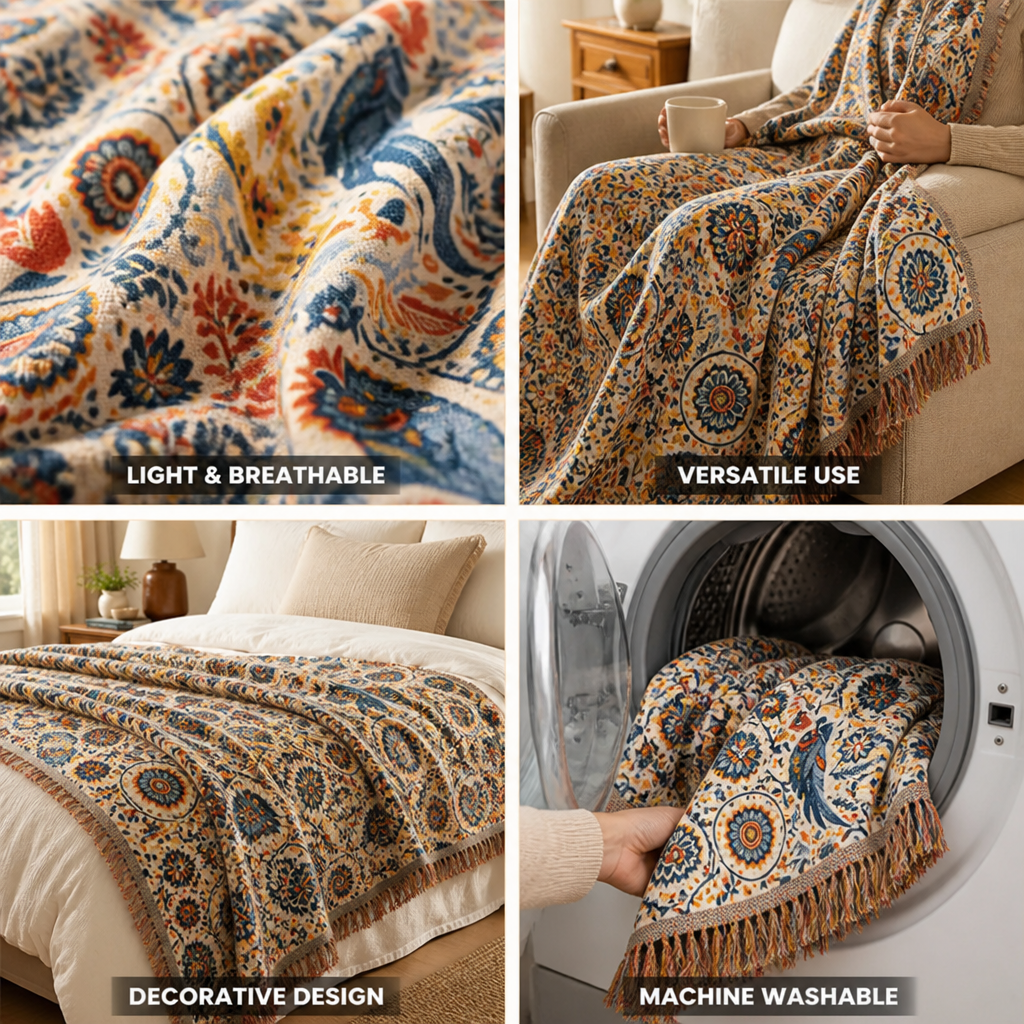 Cotton Blanket Lightweight Double Gauze Floral & Bird Print