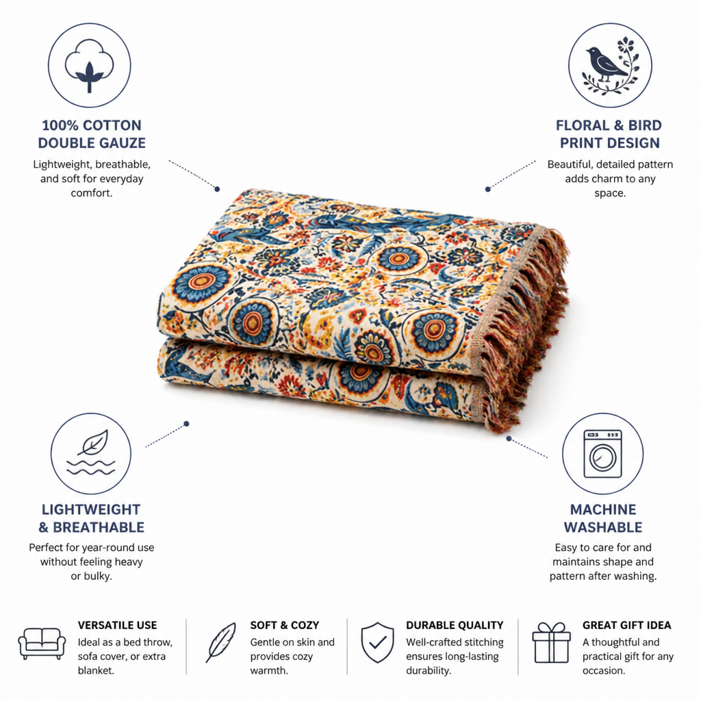 Cotton Blanket Lightweight Double Gauze Floral & Bird Print