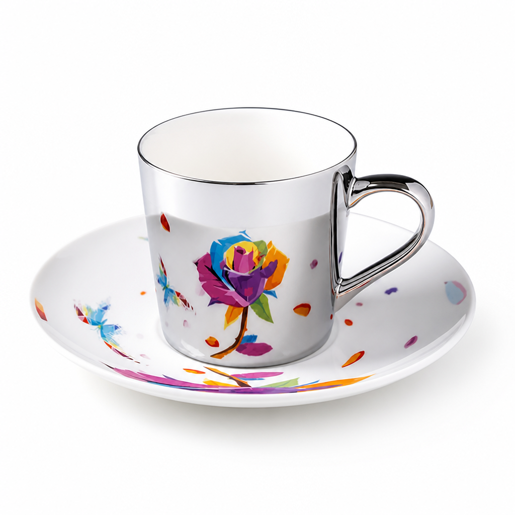 Cup & Saucer Set Anamorphic Mirror-Glaze High-Fired Porcelain