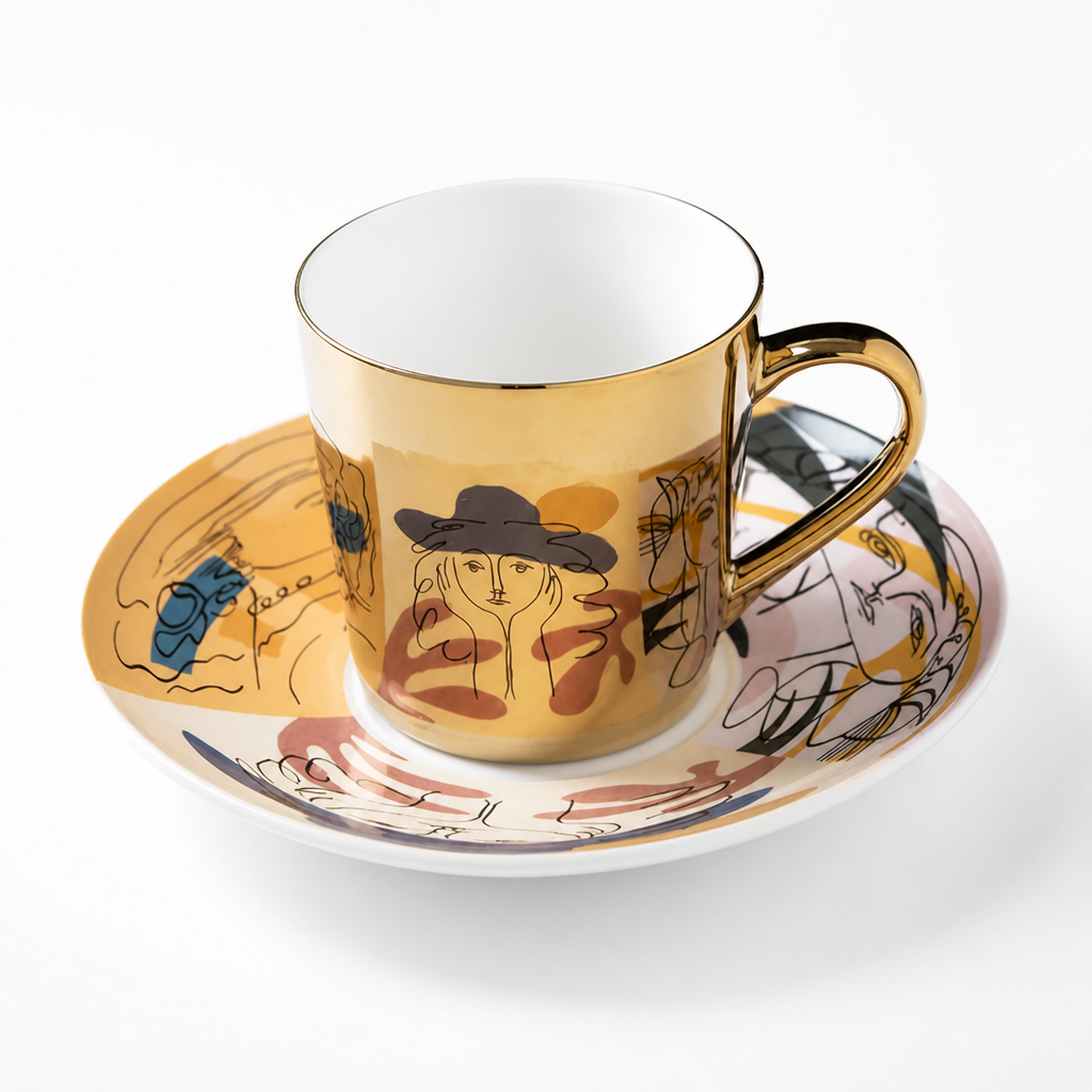 Cup & Saucer Set Anamorphic Mirror-Glaze High-Fired Porcelain