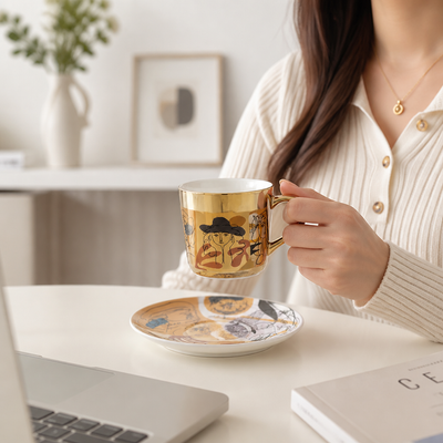 Cup & Saucer Set Anamorphic Mirror-Glaze High-Fired Porcelain