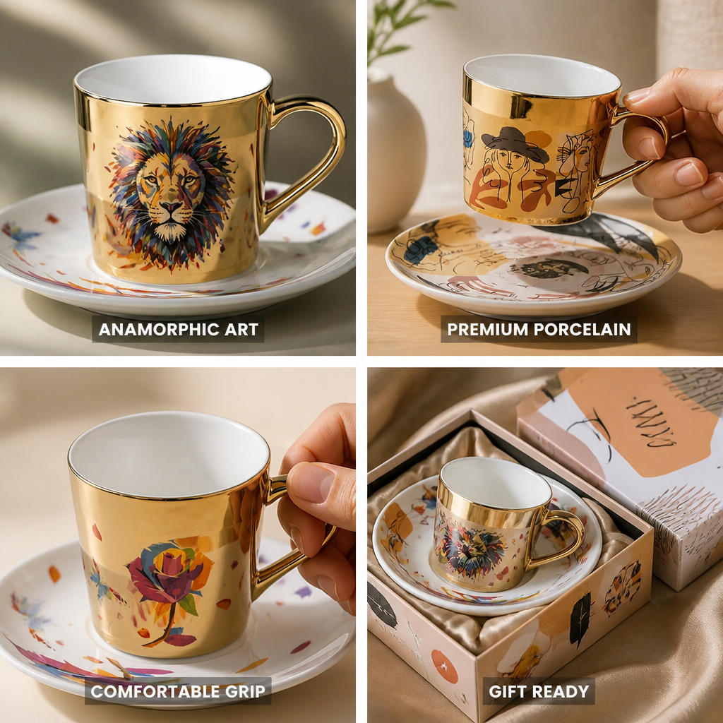 Cup & Saucer Set Anamorphic Mirror-Glaze High-Fired Porcelain