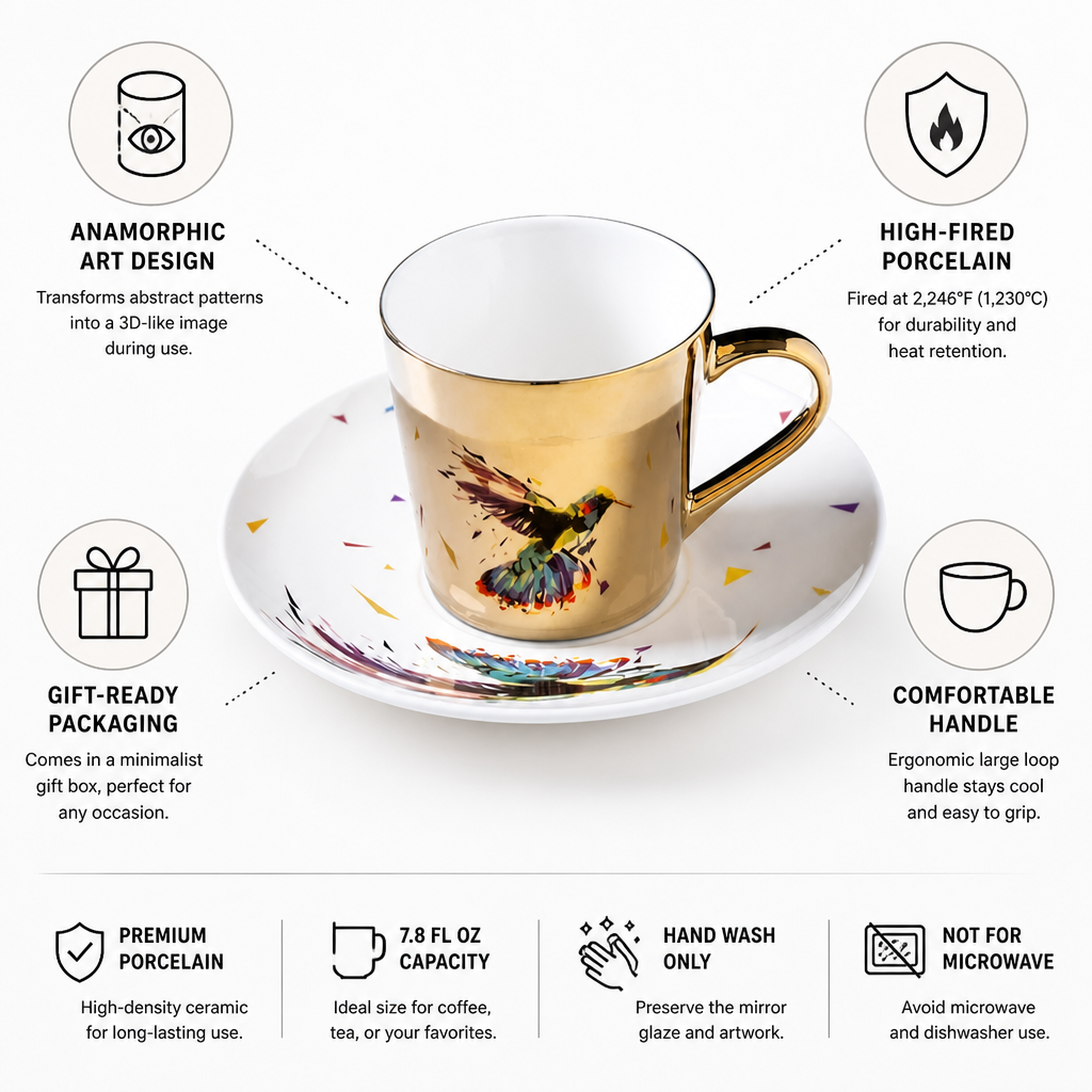 Cup & Saucer Set Anamorphic Mirror-Glaze High-Fired Porcelain