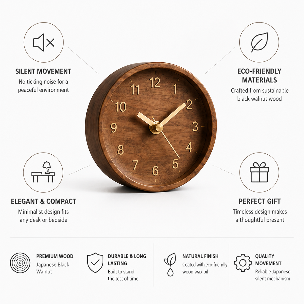 Desk Clock Silent Movement Japanese Black Walnut